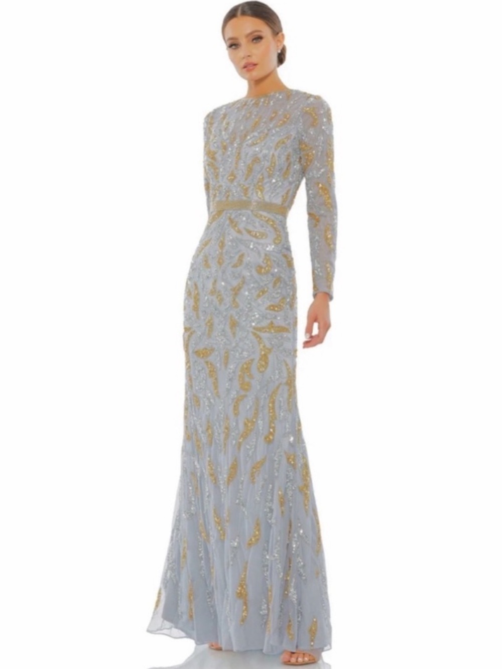 MAC DUGGAL Beaded Long Sleeve Evening Gown Dress NEW Size 8 Platinum Gold